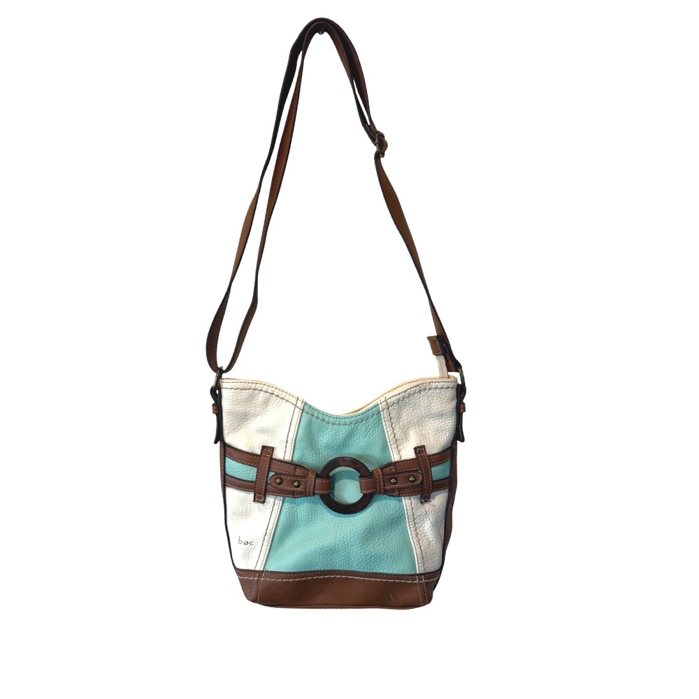 BOC Brown & Blue Faux Leather Crossbody Bag Purse Circle Accent‎